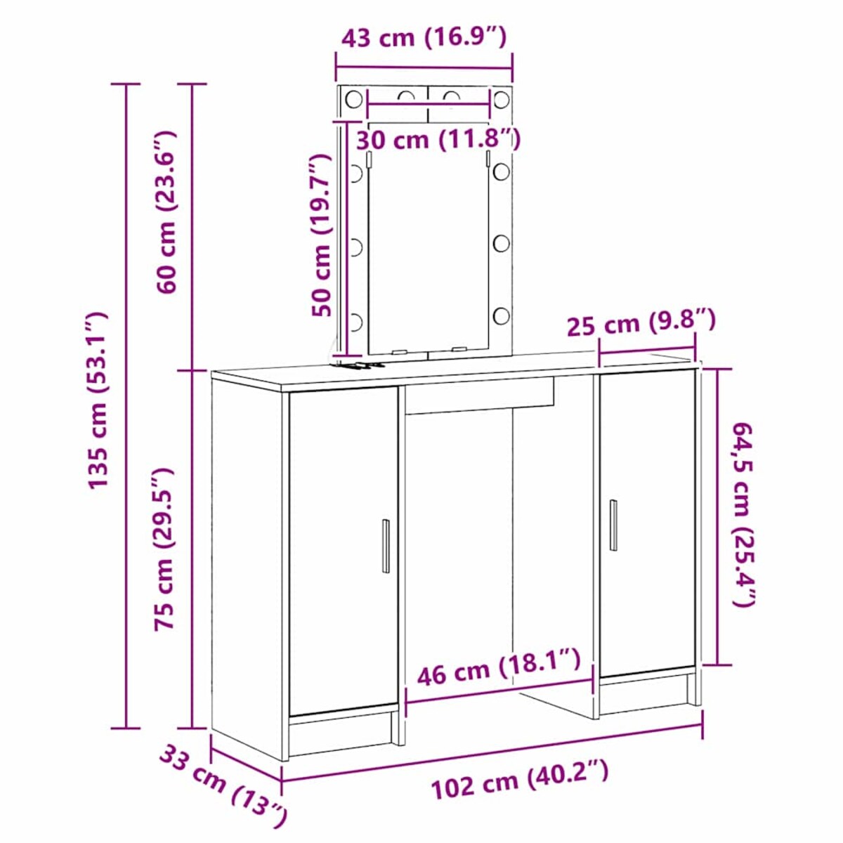 vidaXL Toaletka Biały 102 x 33 x 135 cm Materiał drewnopochodny