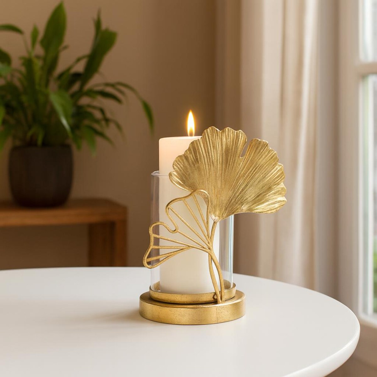 Świecznik metalowy LEAF, motyw liścia, złoty, 17x12x21 cm
