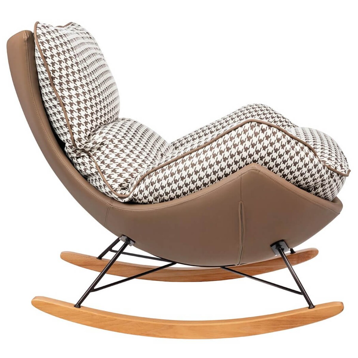 Wygodny fotel bujany Otilia tapicerowany brązowa pepitka, King Home