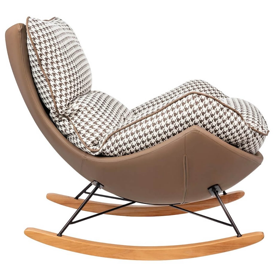 Wygodny fotel bujany Otilia tapicerowany brązowa pepitka, King Home