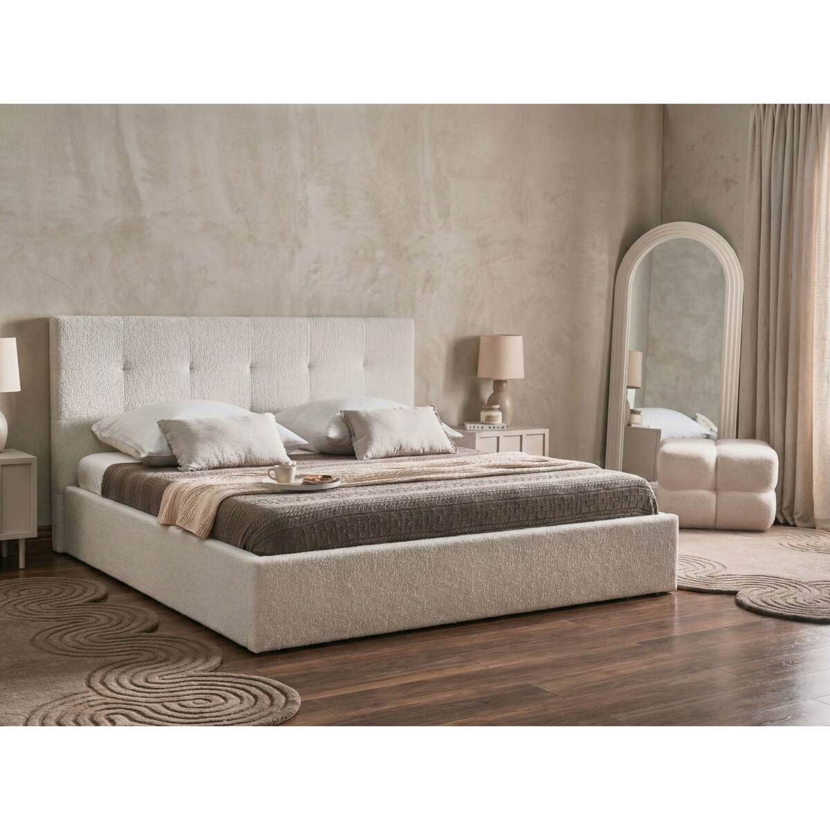 Łóżko z pojemnikiem Boucle LORIENT 180 x 200 cm Złamana biel