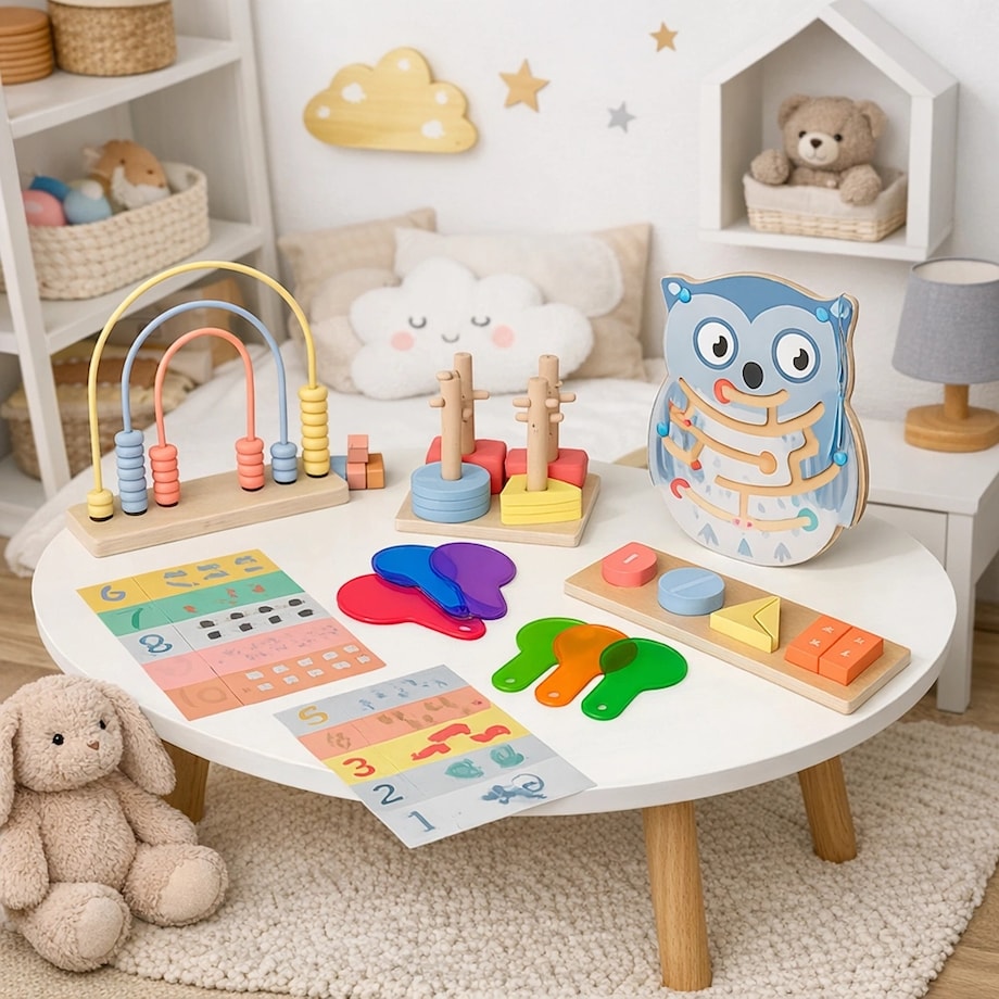 Układanka Montessori GrowPlay - drewniany sorter, kształty, nauka liczenia i kolorów, labirynt, zestaw edukacyjny