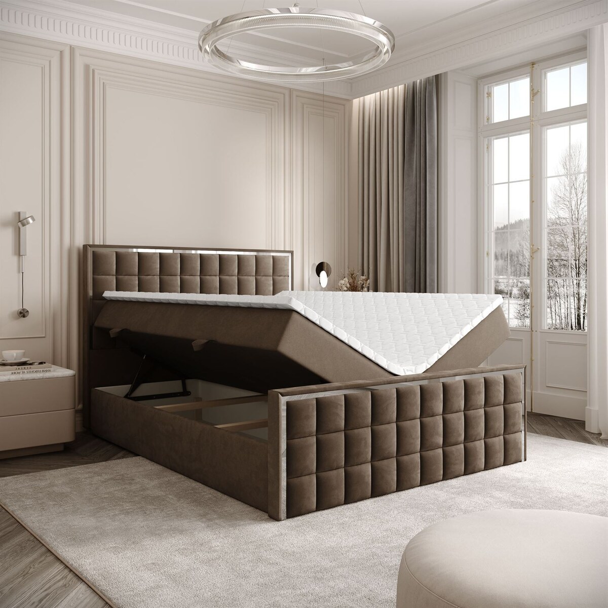 Łóżko kontynentalne ISADORA II SILVER, pojemnik na pościel, 180x200, RV 196, topper