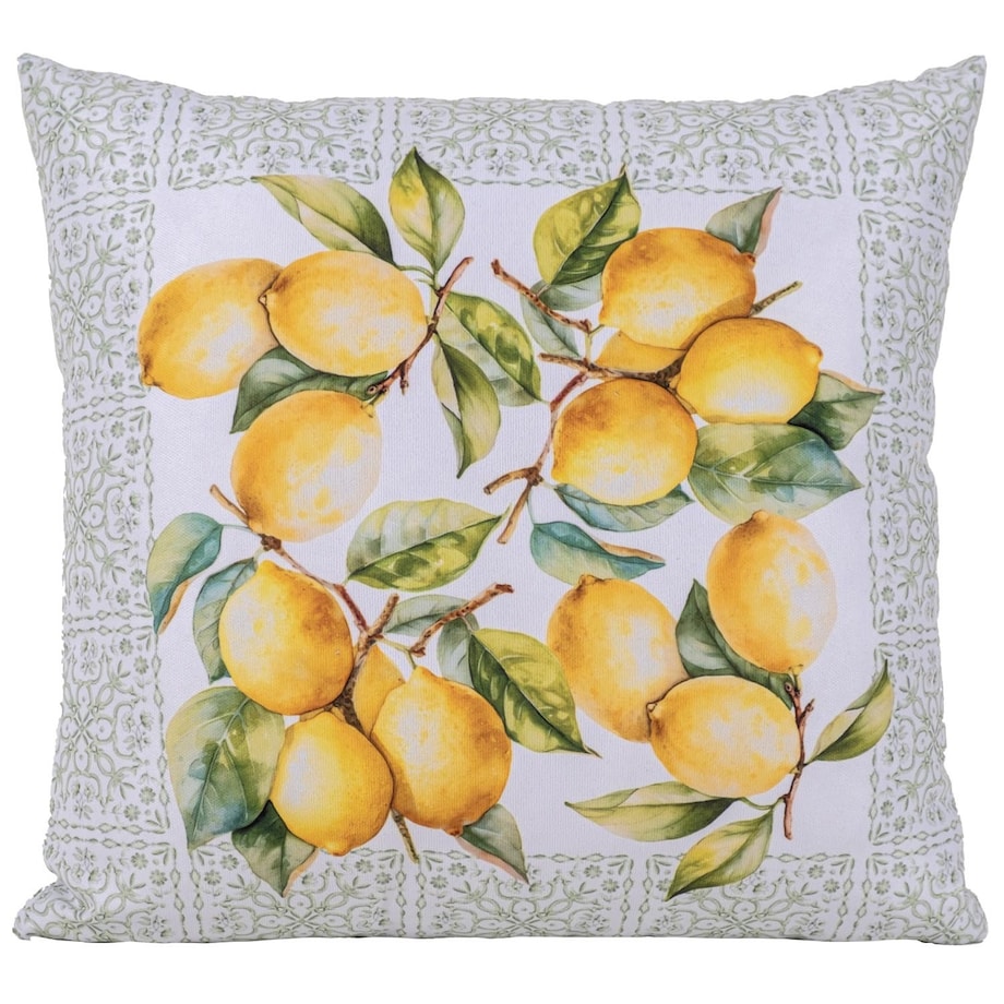 Poszewka dekoracyjna 43x43 biała, w zielony ornament i żółte cytryny, Darymex