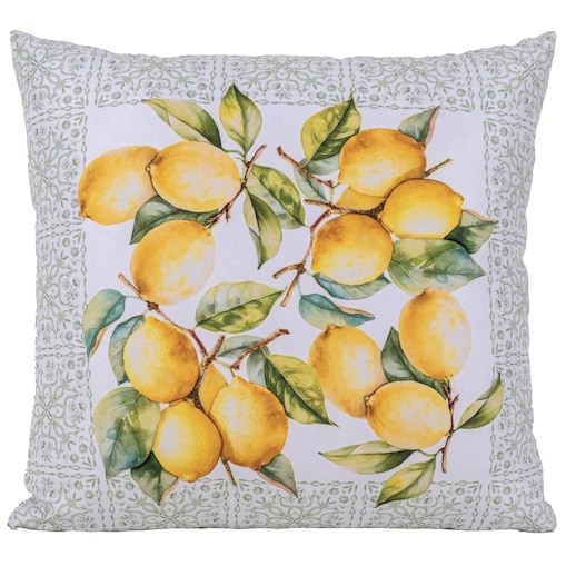 Poszewka dekoracyjna 43x43 biała, w zielony ornament i żółte cytryny, Darymex