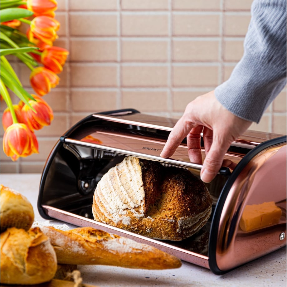 Chlebak stalowy mały 36cm różowe złoto matowy pojemnik na chleb pieczywo bułki KINGHOFF