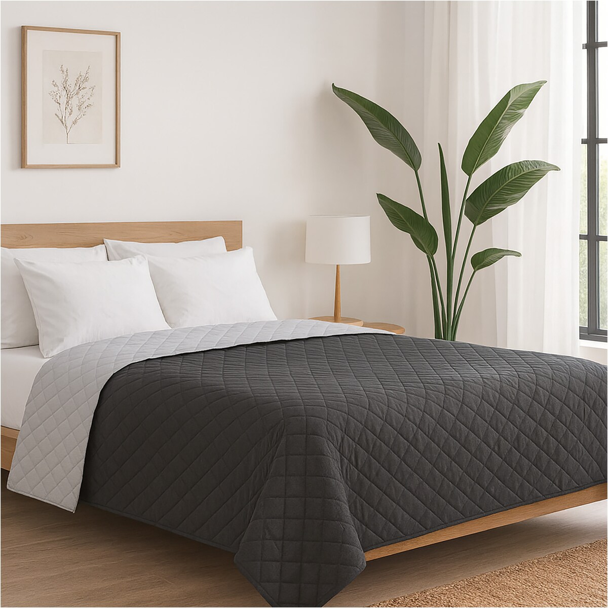 Narzuta Na Łóżko Kanapę Na Plażę Pikowana 200X220 Cm Szaro-Czarna