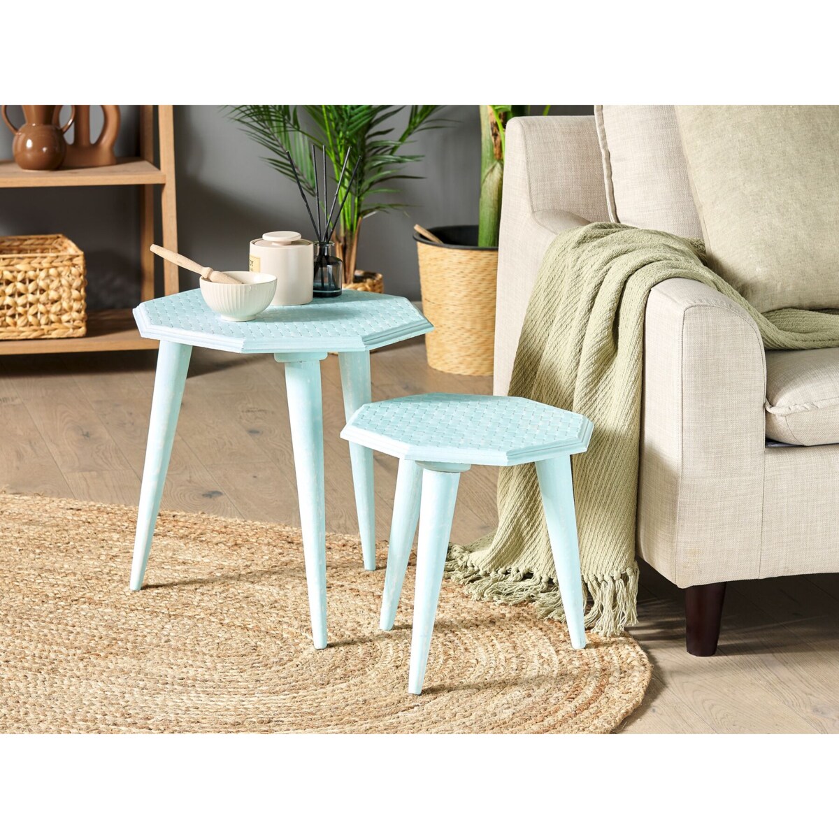 Zestaw 2 drewnianych stolików pomocnicznych niebieski KANRI