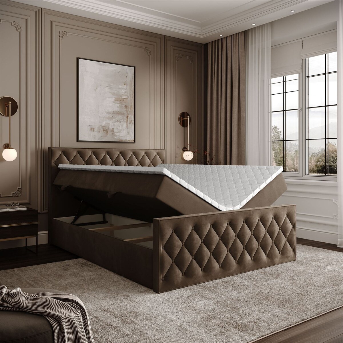 Łóżko kontynentalne INEZ II, pojemnik na pościel, 160x200, Royal Velvet 196, topper