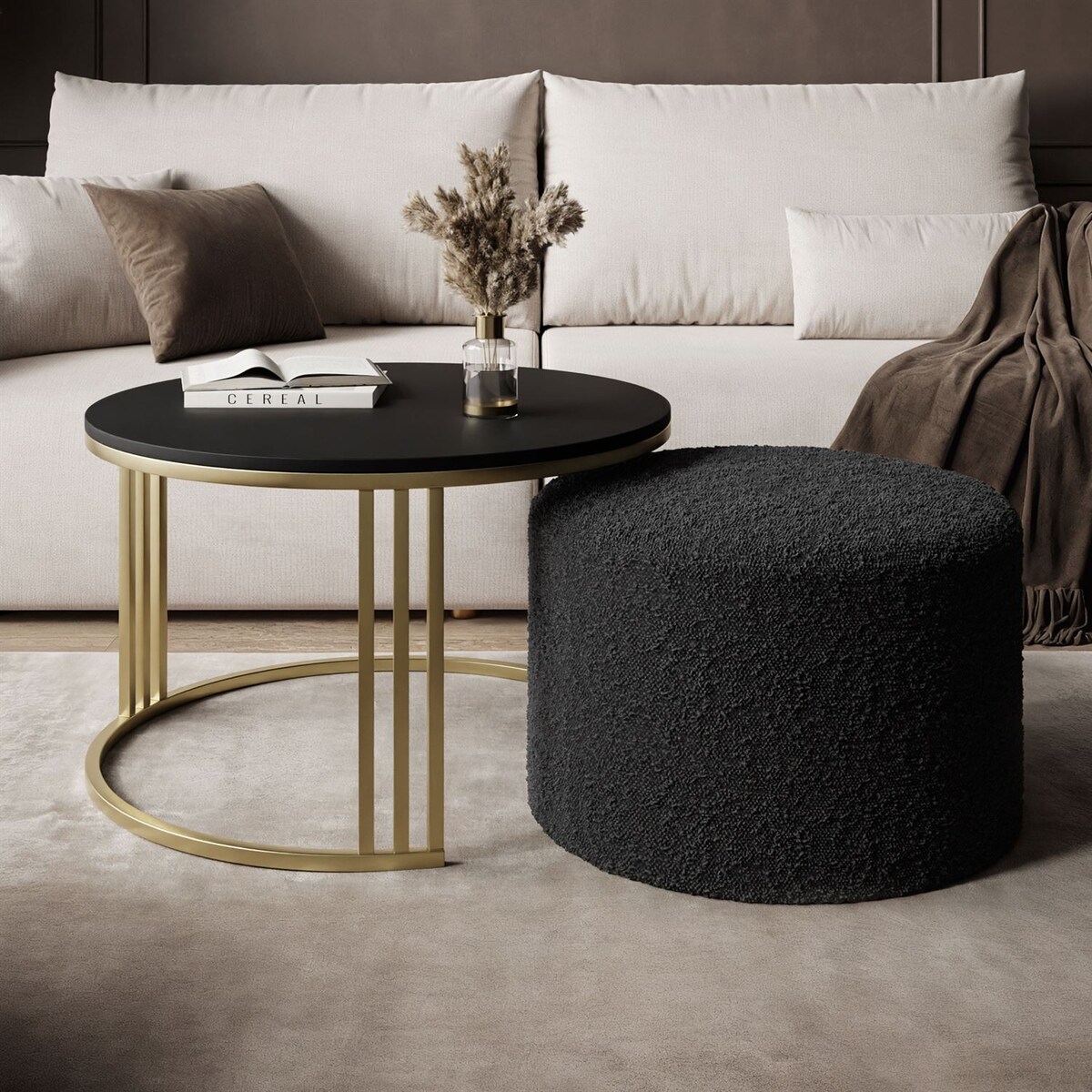 Stolik kawowy z pufą LORI MAT złoto szczotkowane, czarny mat / Coral 60