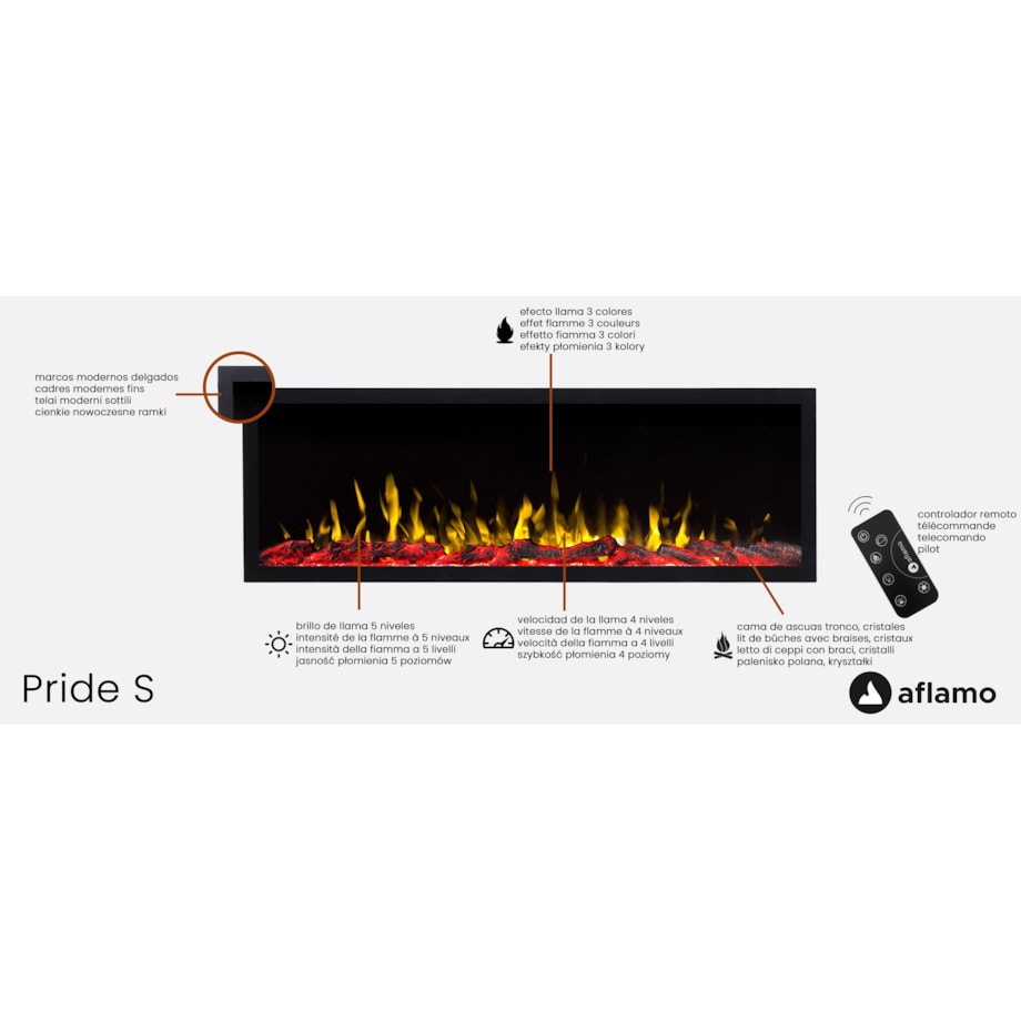 Kominek elektryczny AFLAMO Pride S115 - ścienny i do zabudowy - 115x42x14 cm - kominek LED bez funkcji grzania