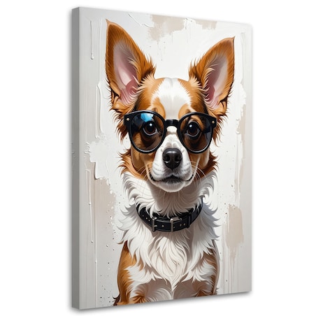 Obraz do pokoju nastolatka dziecka, Pies w okularach w beżu 20x30 cm