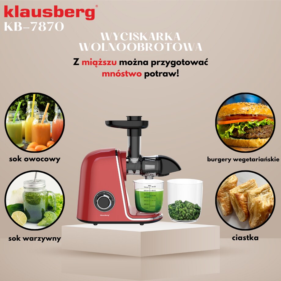 Sokowirówka wolnoobrotowa 150W do owoców i warzyw COLD PRESS KLAUSBERG KB-7870
