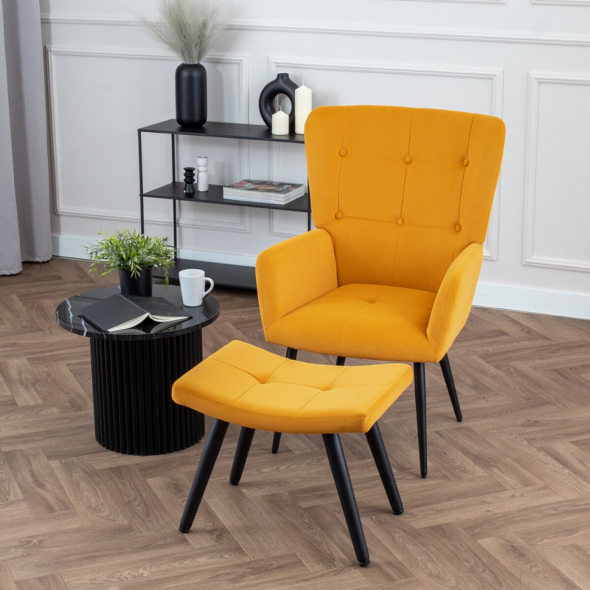 Fotel uszak z podnóżkiem do salonu wypoczynkowy welurowy tapicerowany musztardowy