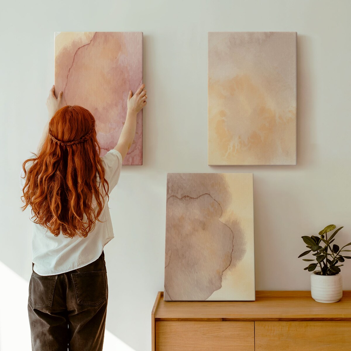 Zestaw 3 dużych obrazów na płótnie - Ciepłe akwarele barwne tekstury - pomarańczowy