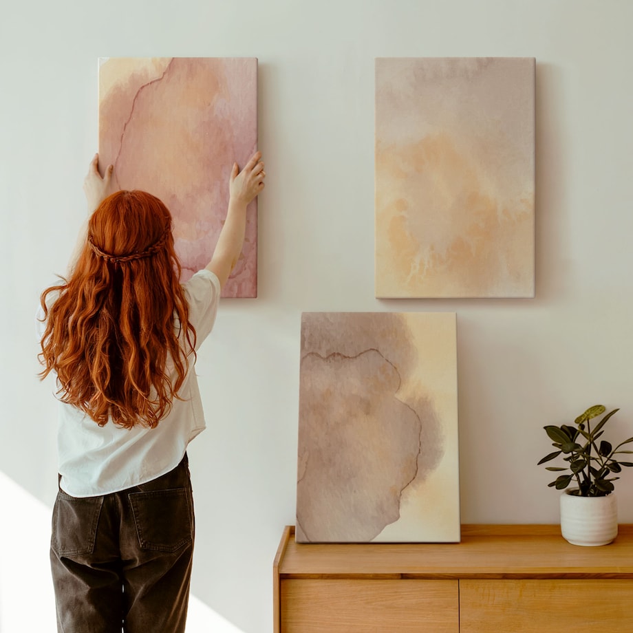 Zestaw 3 dużych obrazów na płótnie - Ciepłe akwarele barwne tekstury - pomarańczowy