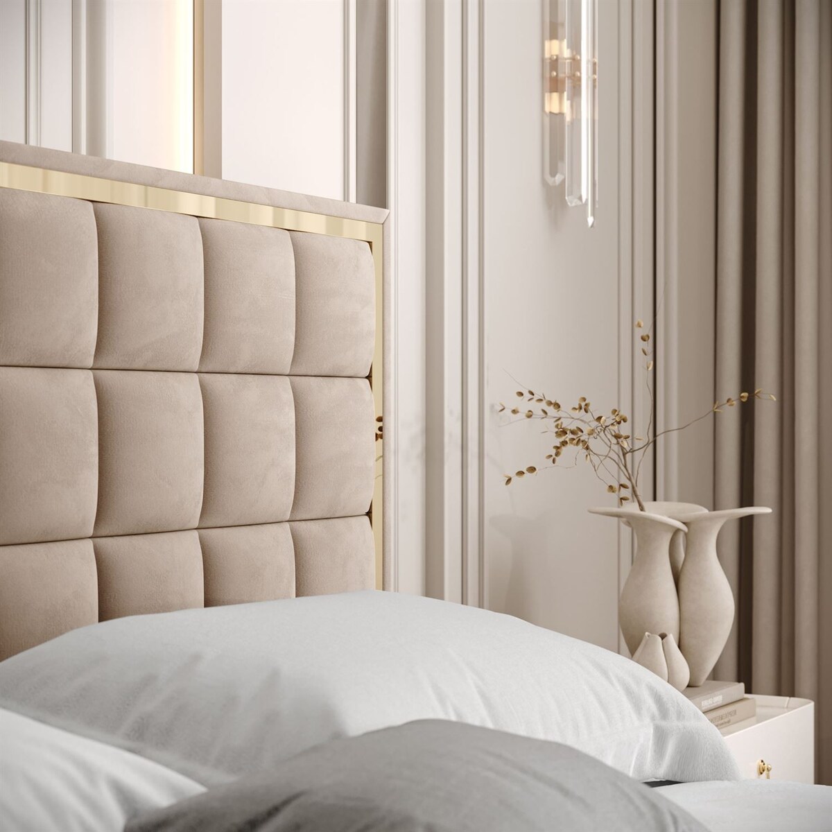 Łóżko tapicerowane ISADORA GOLD, pojemnik na pościel, stelaż 34, 160x200, RV 170