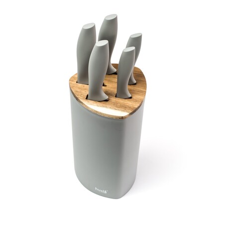Zestaw 5 noży w bloku plastikowym z elementami drewna akacjowego Szary HUSLA