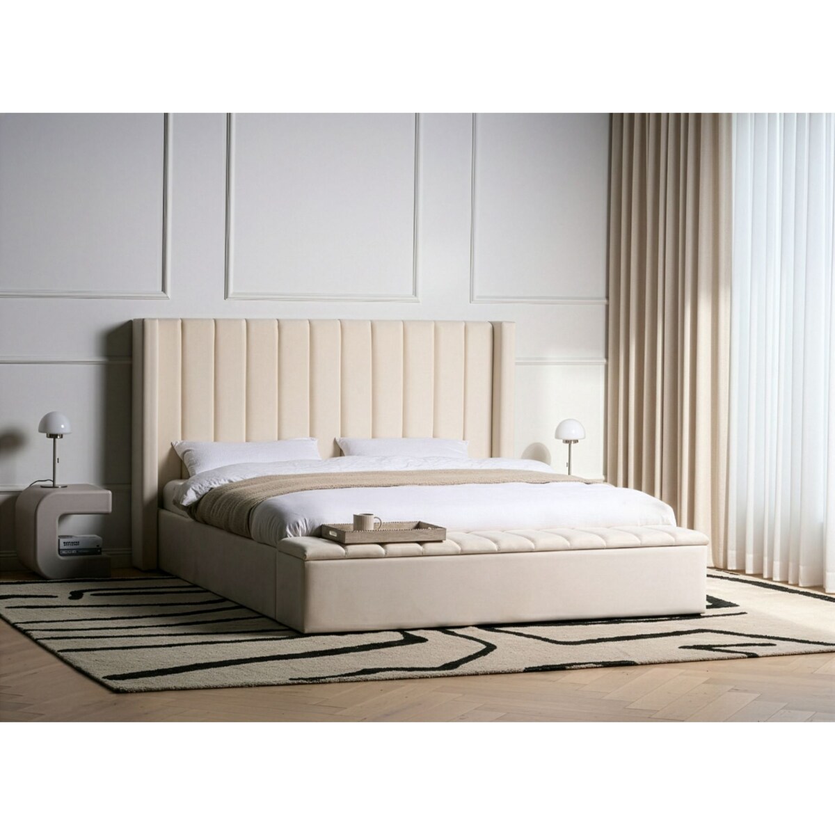 Łóżko z ławką Welur NOYERS 180 x 200 cm Złamana biel