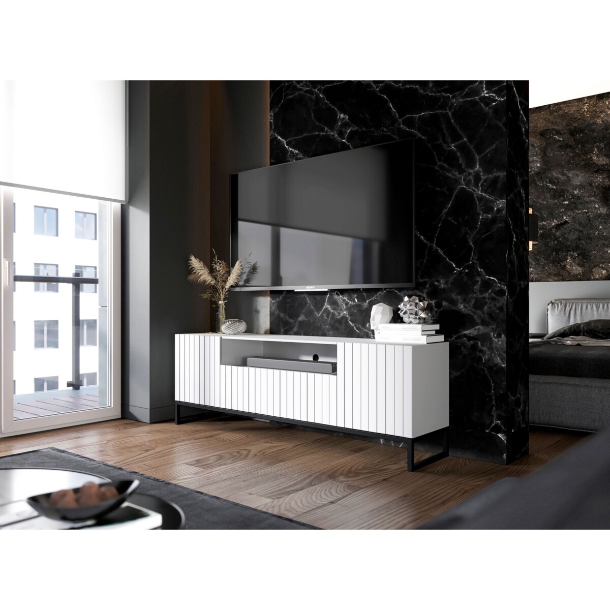 Szafka RTV Loft Biały MAT Komoda RTV Glamour Ryflowane fronty 150 cm Czarna Rama metalowa