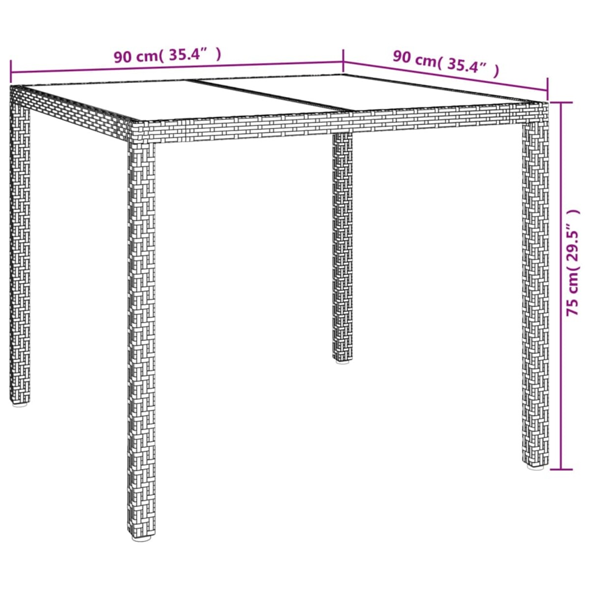 vidaXL Stół ogrodowy, 90x90x75 cm, szkło i rattan PE, biały