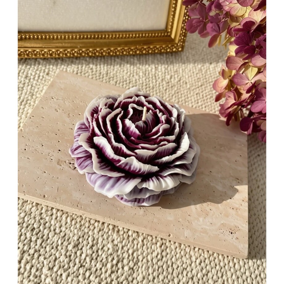 Świeca sojowa ekologiczna dekoracyjna piwonia peonia bordowa śliwkowa ombre "Peony Queen" 80x35mm