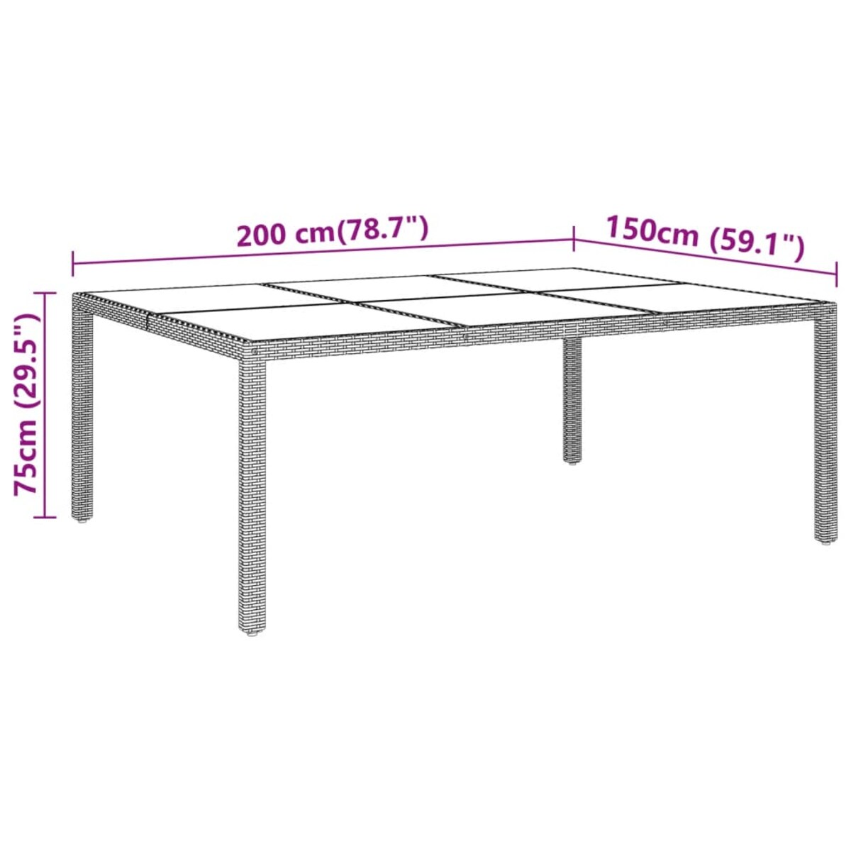vidaXL Stół ogrodowy, 200x150x75 cm, szkło i rattan PE, szary