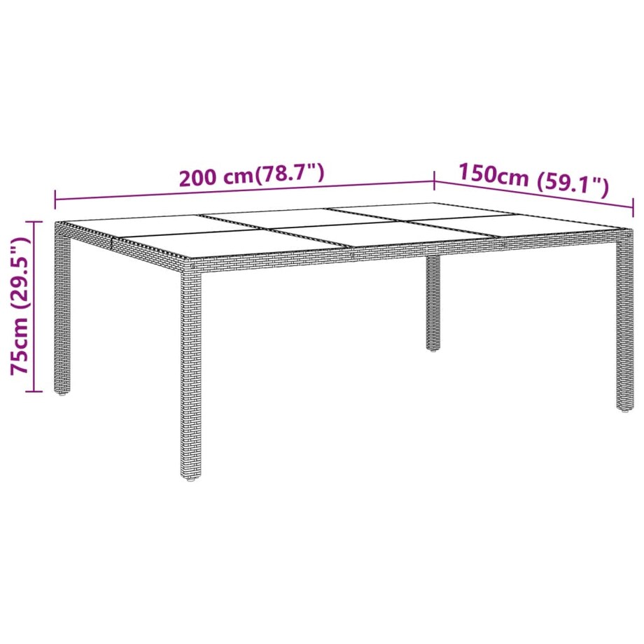vidaXL Stół ogrodowy, 200x150x75 cm, szkło i rattan PE, szary