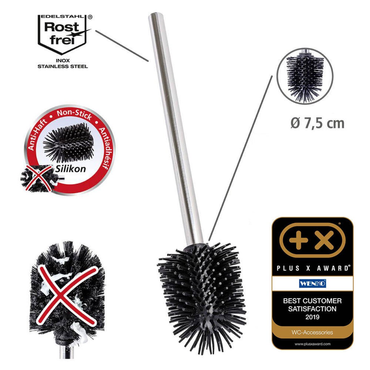 Samoczyszcząca, silikonowa szczotka do WC ⌀ 7,5 cm, WENKO