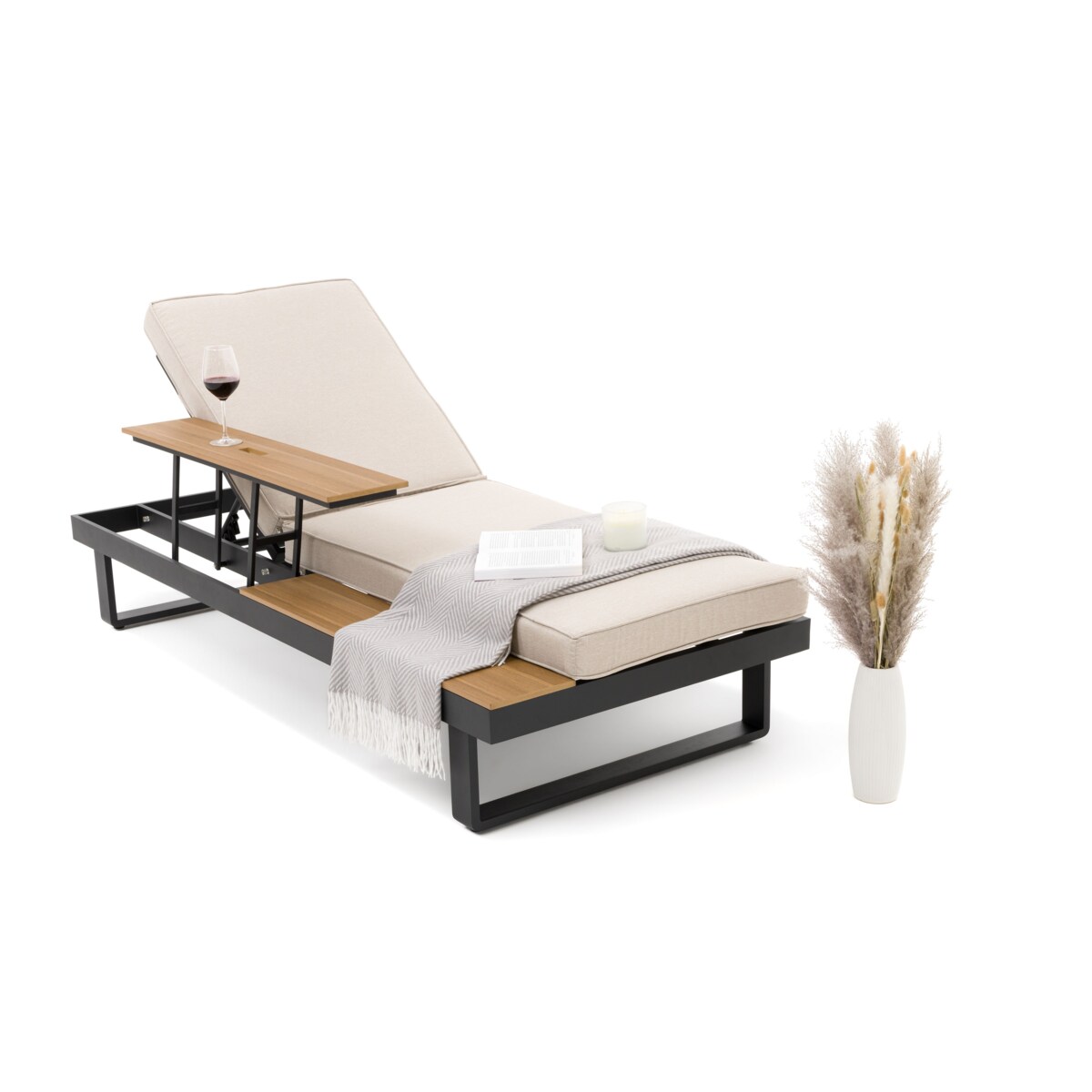 Leżak ogrodowy tarasowy z podnoszonym stolikiem aluminiowy ATOL beżowy