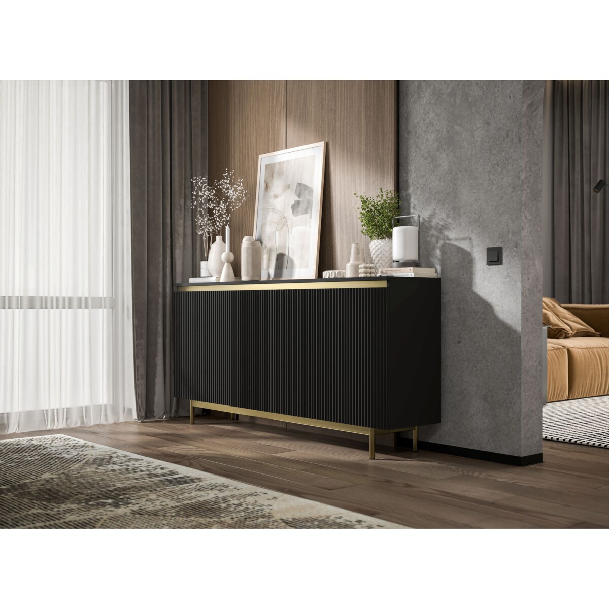 Komoda RTV Glamour 167 cm czarna matowa ryflowane fronty złota rama