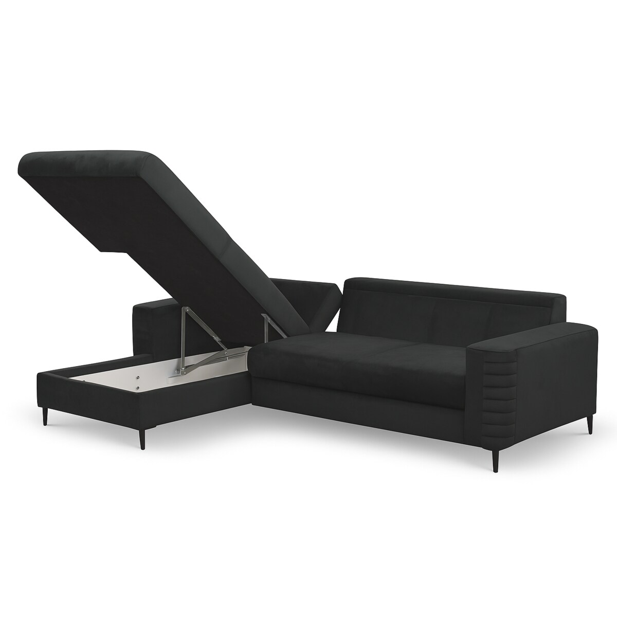 Narożnik rozkładany z zagłówkiem i pojemnikiem OLI, lewostronny, czarny