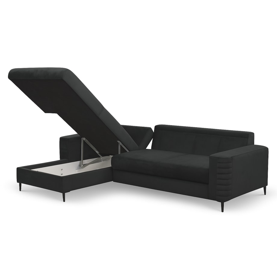 Narożnik rozkładany z zagłówkiem i pojemnikiem OLI, lewostronny, czarny