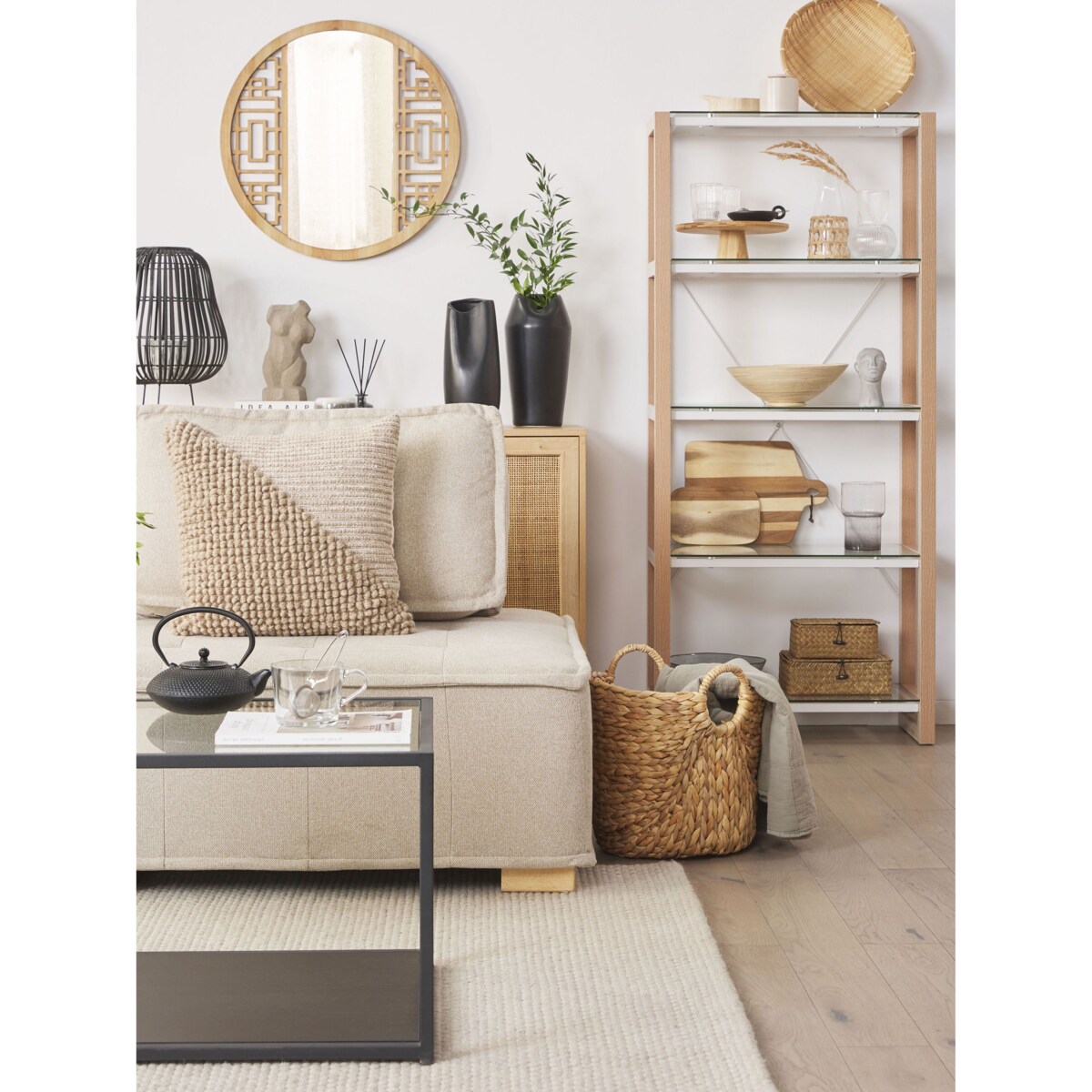 Regał 4 półki biały z jasnym drewnem JENKS