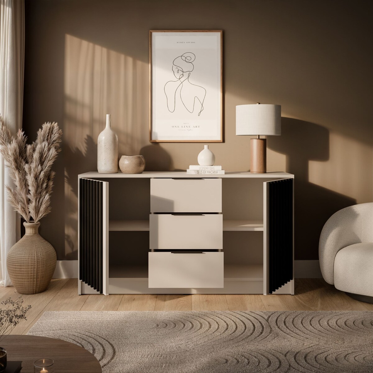 Dwudrzwiowa komoda NELA z lamelami, kaszmir + czarny