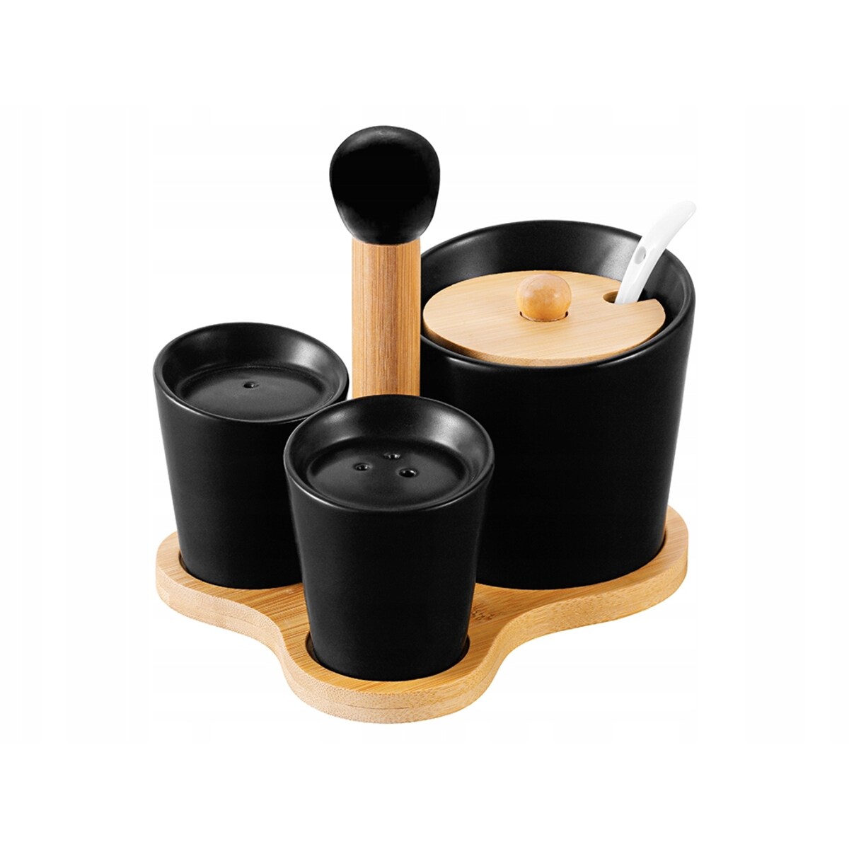 ZESTAW cukiernica solniczka pieprzniczka na bambusie podstawka CZARNY box
