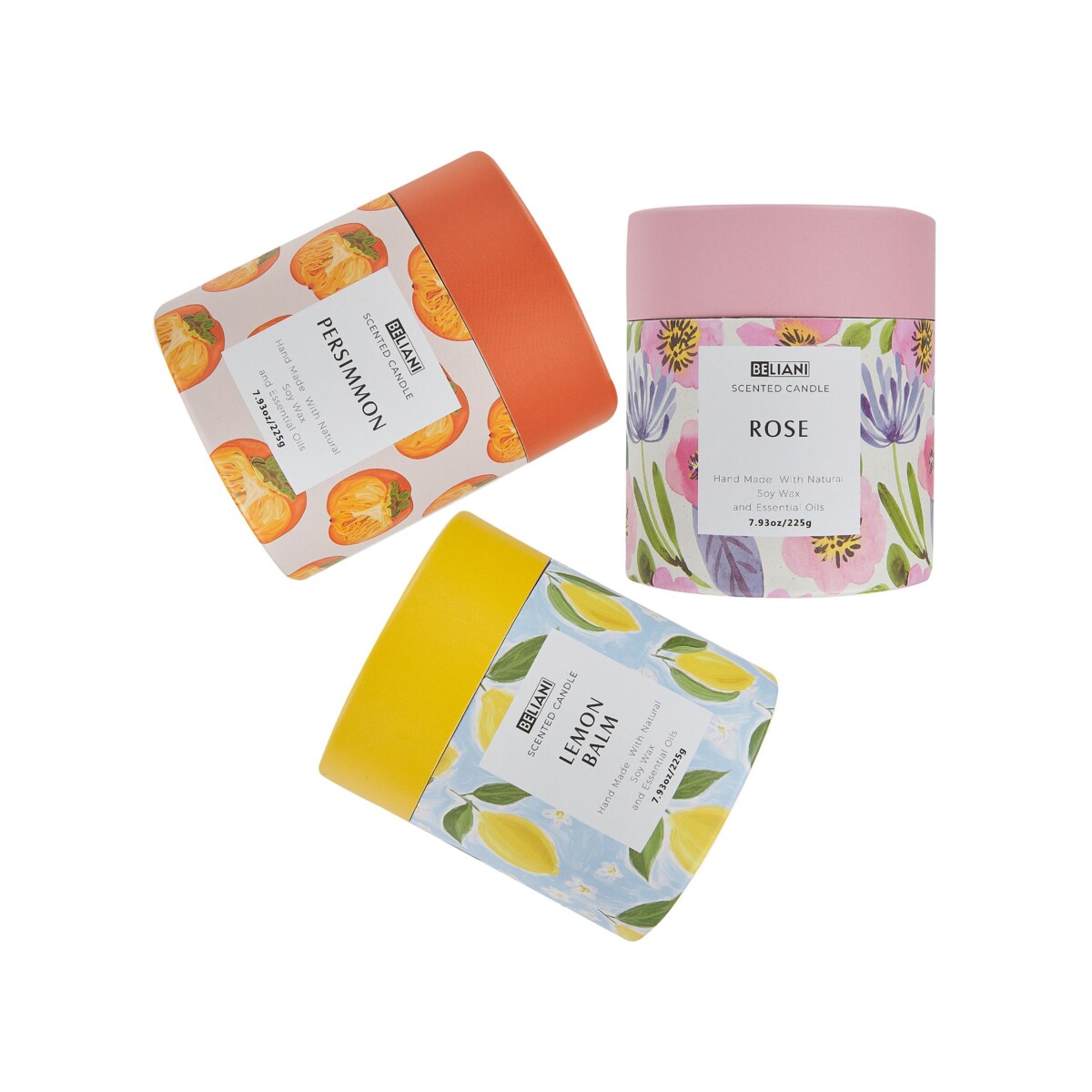 3 świece zapachowe sojowe róża/ kaki/ melisa COLORFUL BARREL