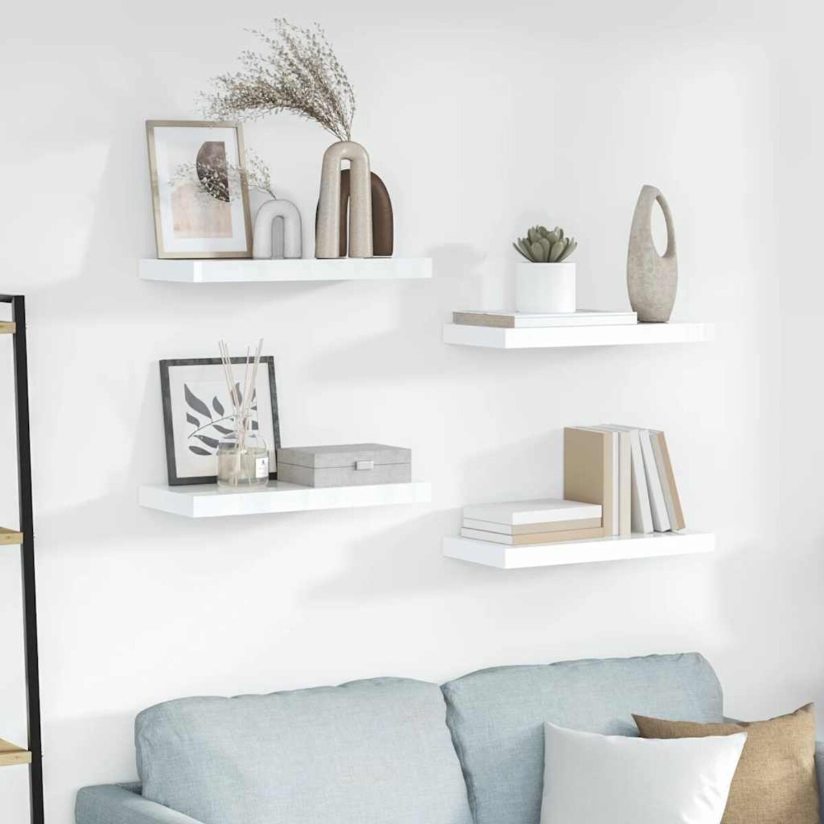 vidaXL Półki ścienne, 4 szt., wysoki połysk, białe, 50x23x3,8 cm, MDF