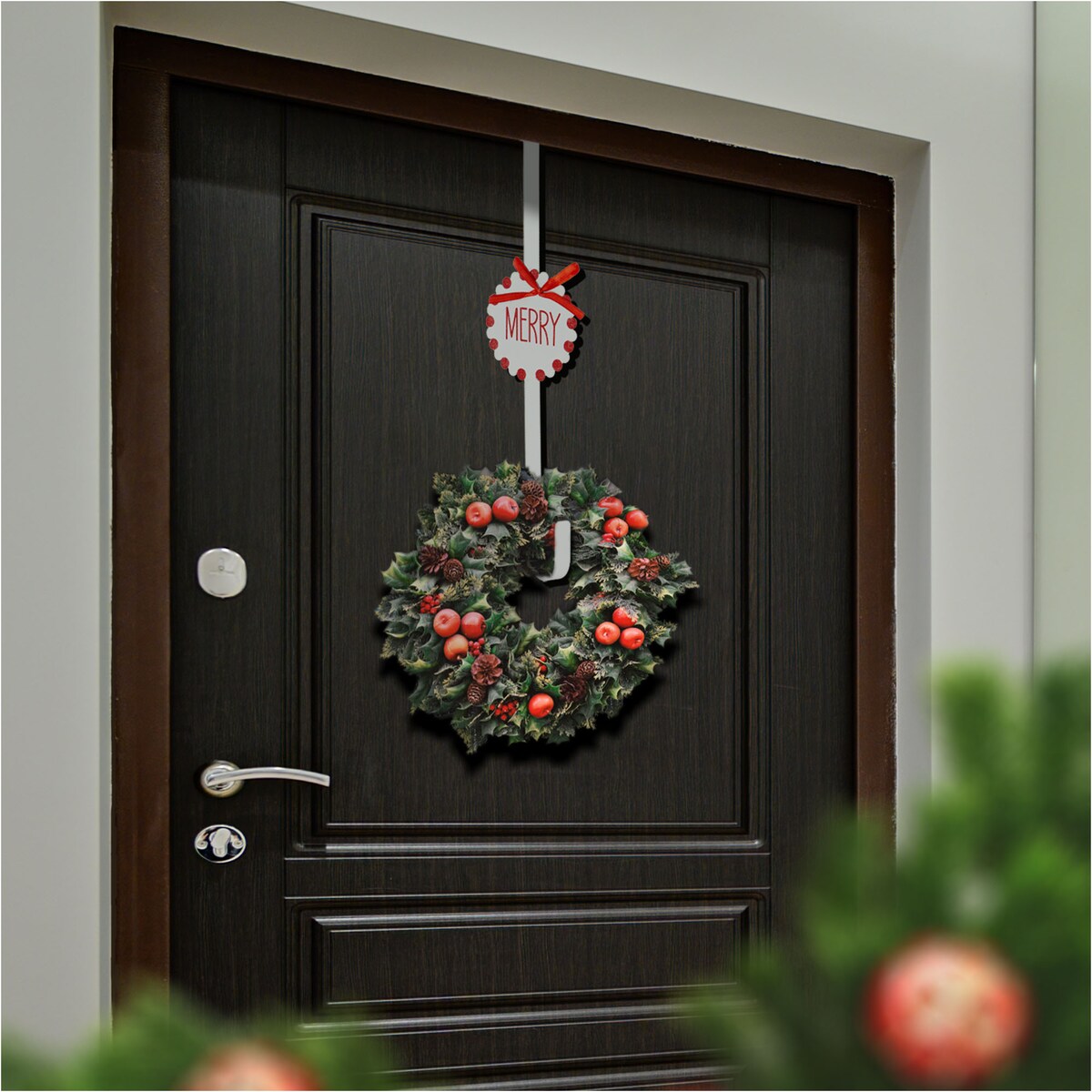 Wieszak Na Wianek Drzwi Na Ozdoby 37,5 Cm Świąteczny Boże Narodzenie Biały Z Kokardą