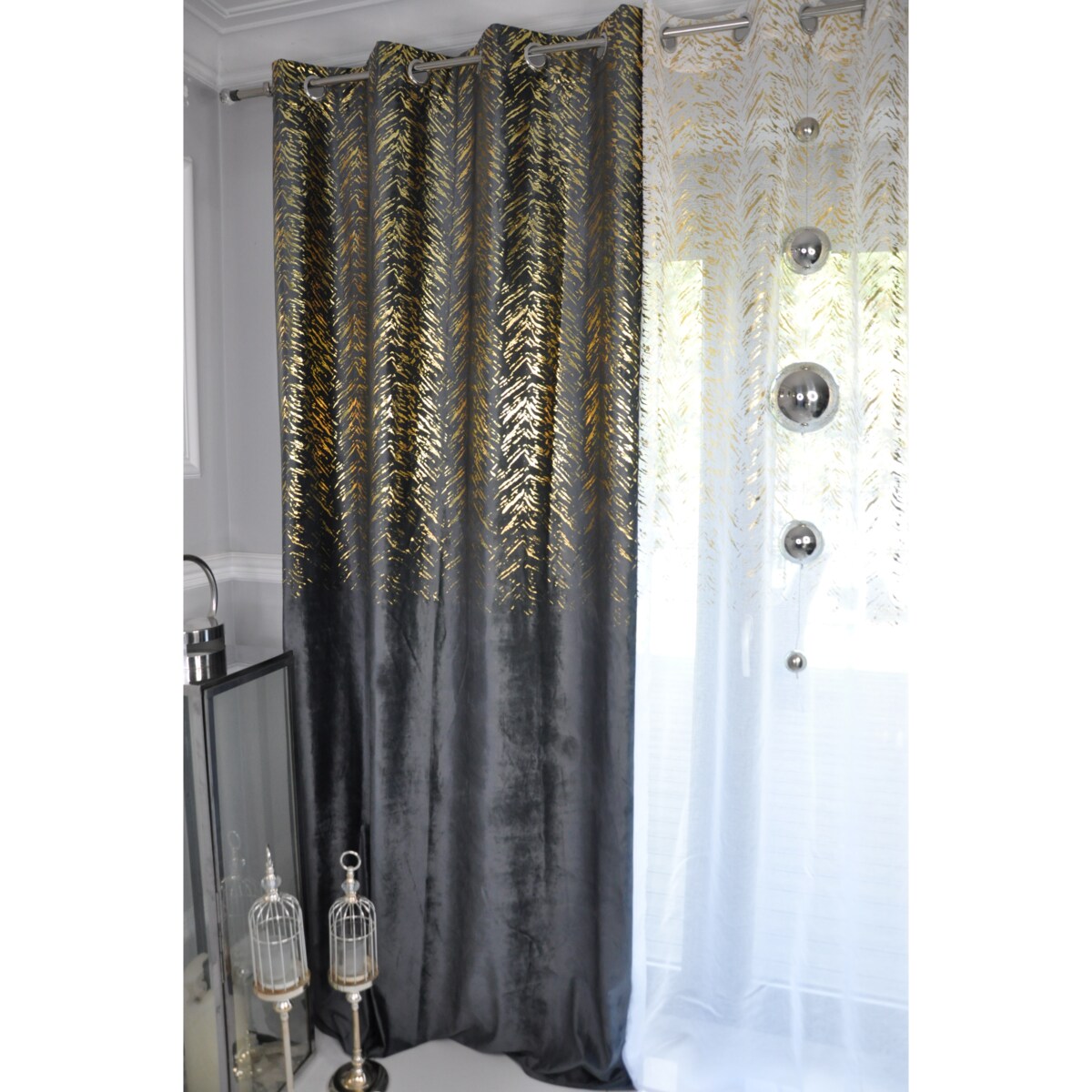 zasłona welurowa "velvet glow" złoty print 140x250 cm stalowy