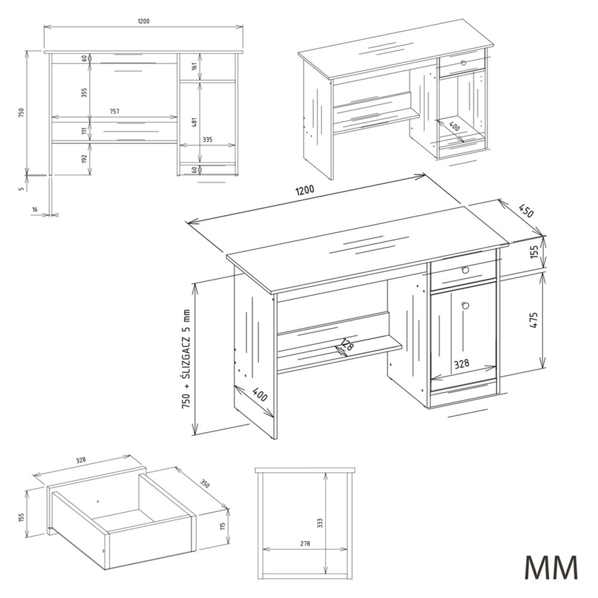 Biurko CHESTER białe mat 120x45x75 cm szuflada+szafka 1 szt.