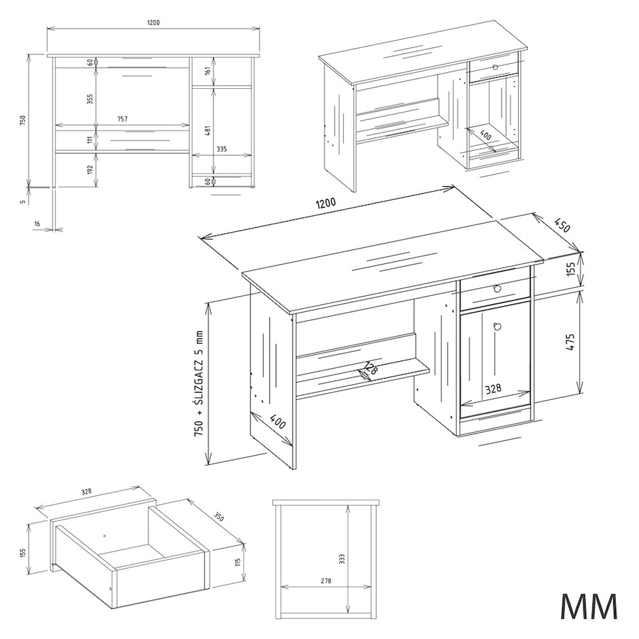 Biurko CHESTER białe mat 120x45x75 cm szuflada+szafka 1 szt.