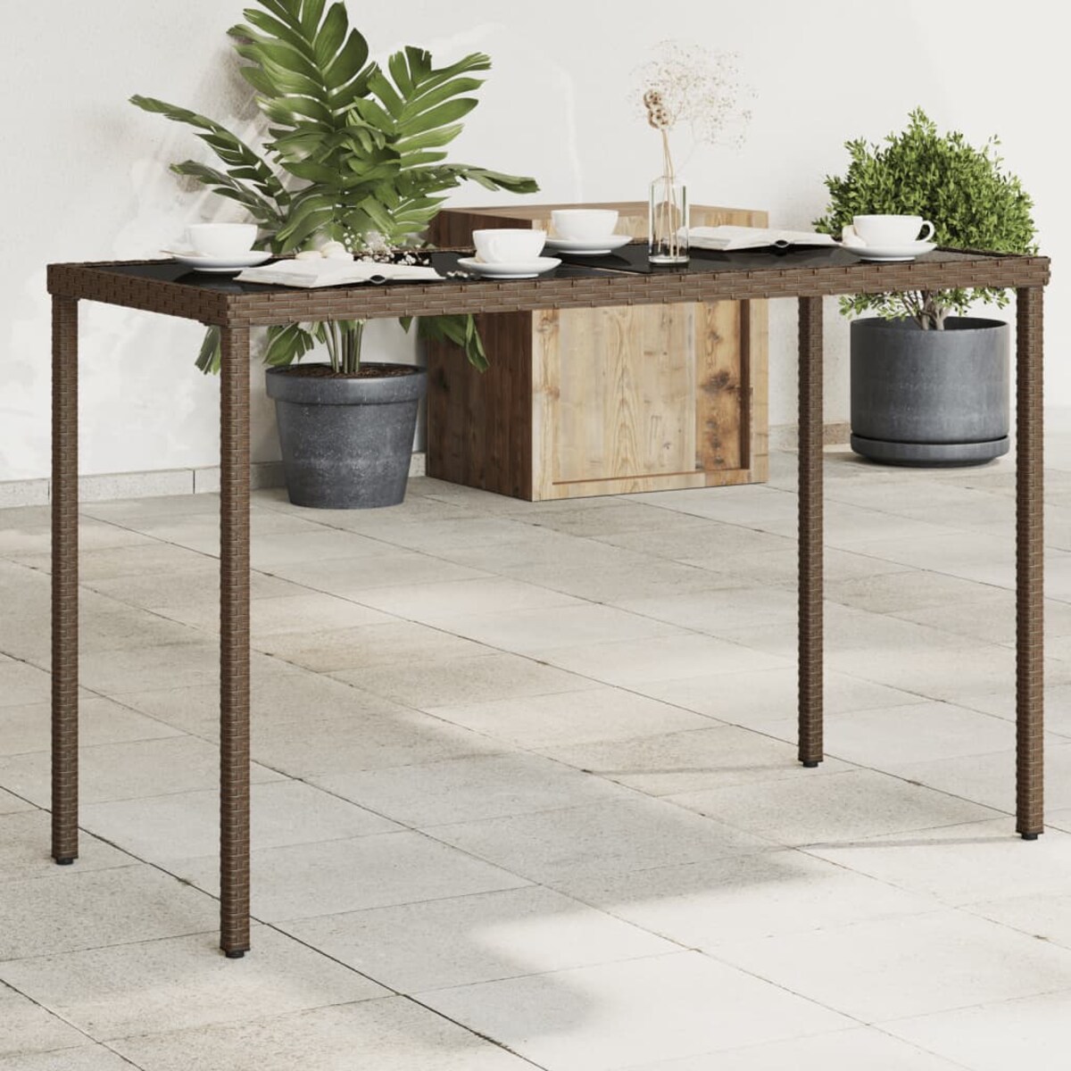 vidaXL Stół ogrodowy ze szklanym blatem, brąz, 115x54x74 cm, rattan PE