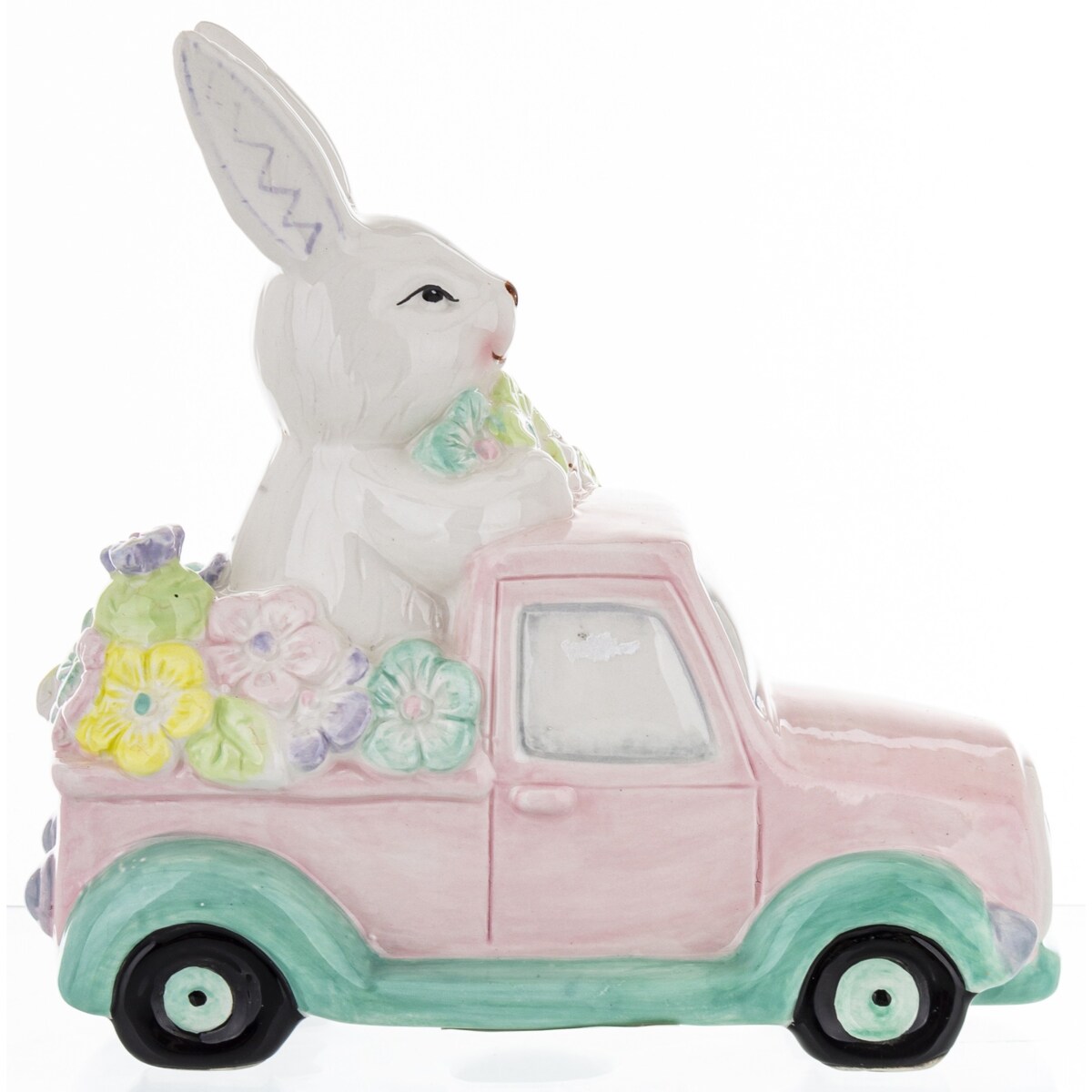 Dekoracja - króliki w samochodzie z kwiatami 20x10,5x19 cm różowy