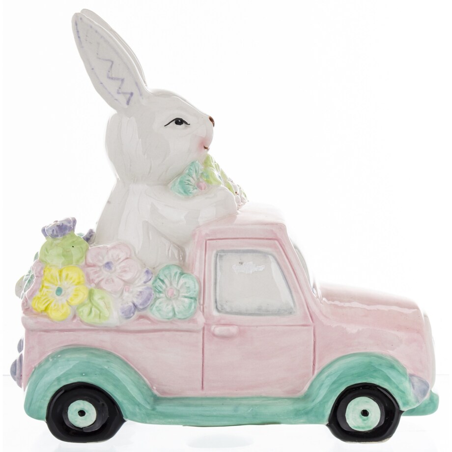 Dekoracja - króliki w samochodzie z kwiatami 20x10,5x19 cm różowy