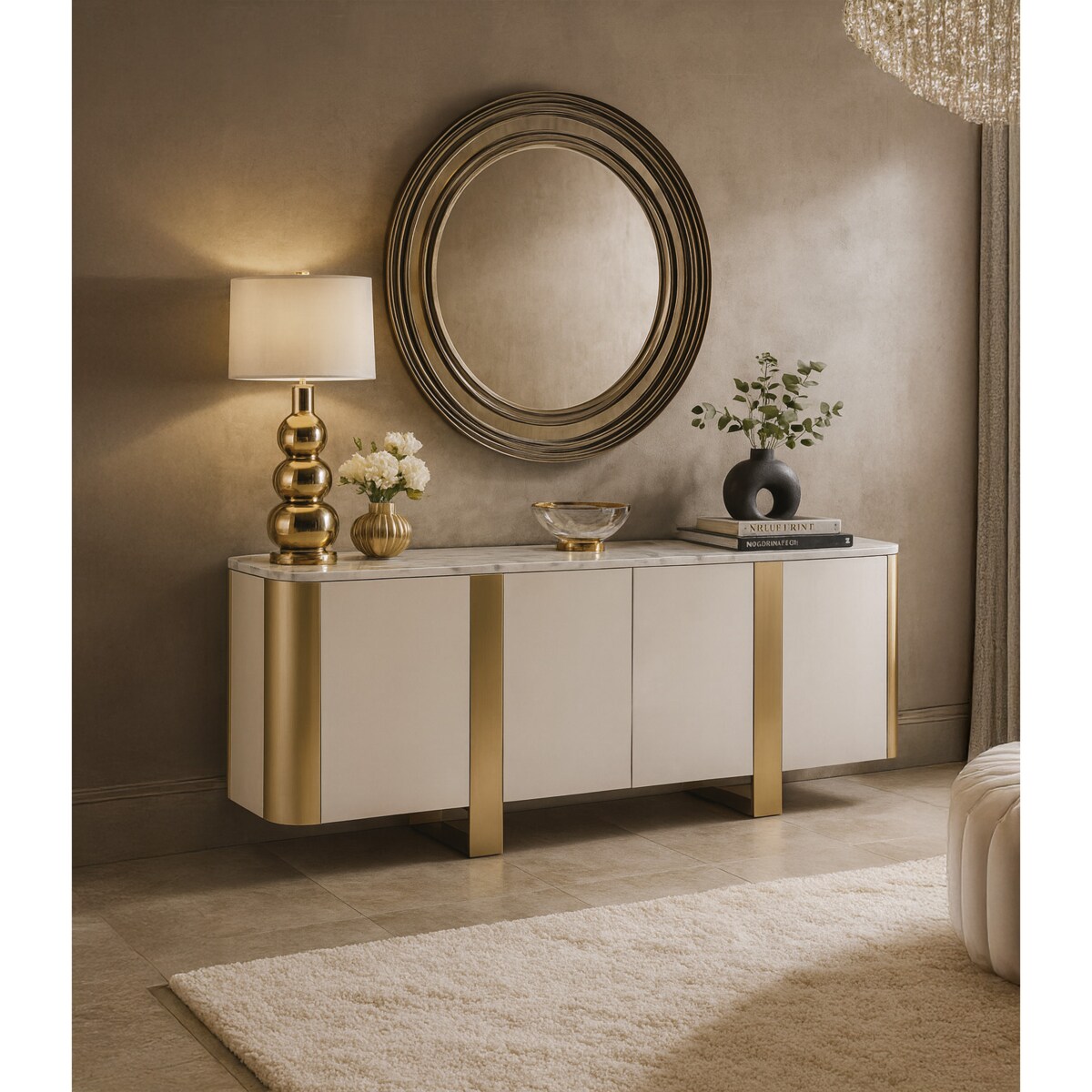 Szafka RTV złota Ola Glamour Premium z blatem marmurowym 200x40x85