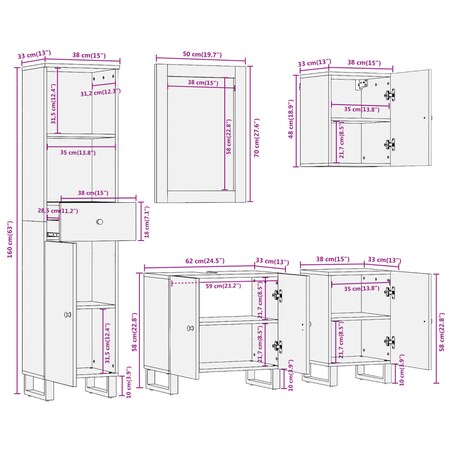 vidaXL 5-cz. zestaw mebli łazienkowych, brązowo-czarny, drewno mango