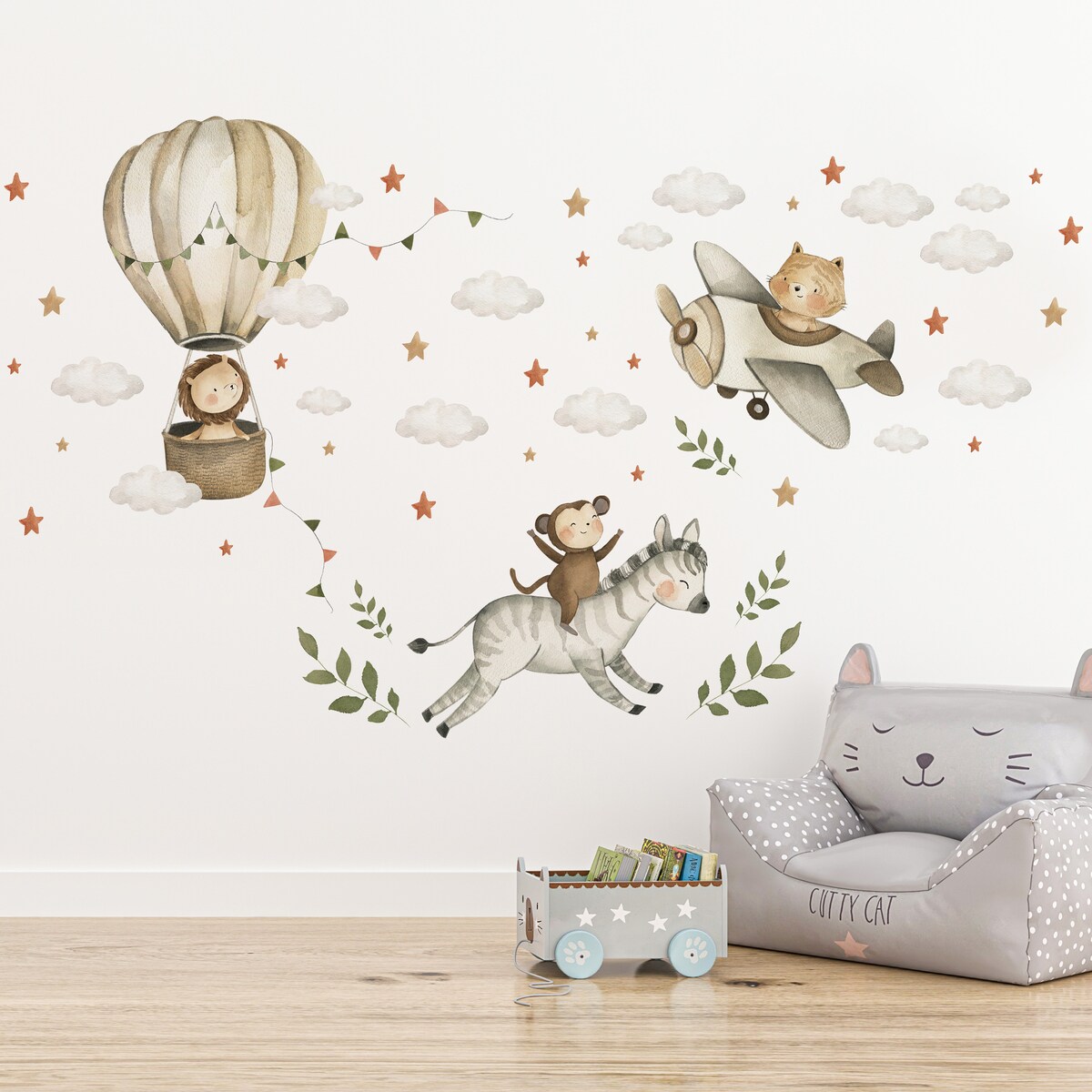 ZESTAW Naklejek Dla Dzieci Dzikie Zwierzęta Lew Zebra Małpka Chmurki Liście 120x60cm