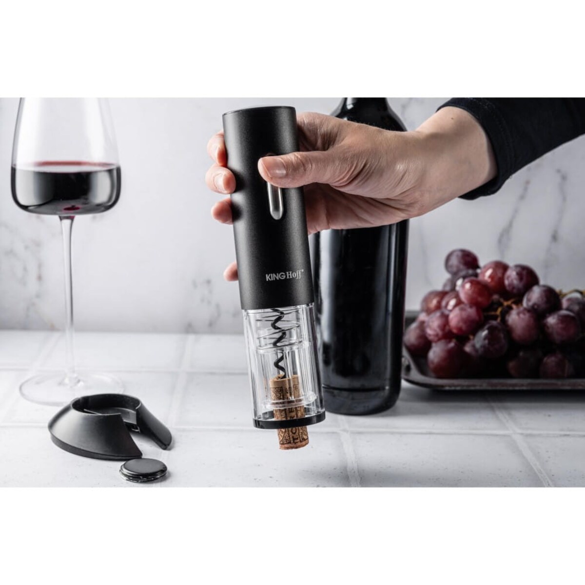 Elektryczny otwieracz korkociąg do wina butelek akumulator czarny KINGHOFF