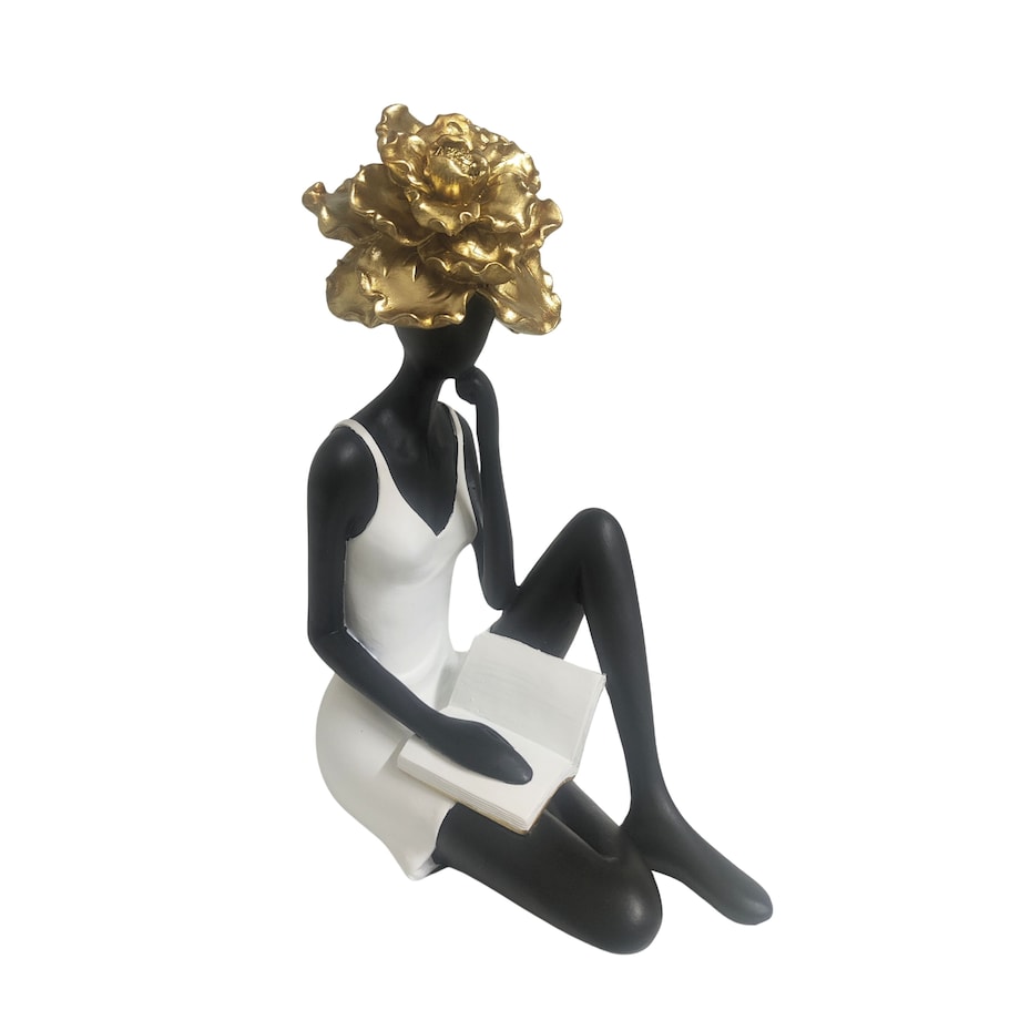 Figurka ceramiczna siedzącej kobiety 24,5x16,5x10,5 cm FIOR DORA-2 z książką i złotym kwiatem
